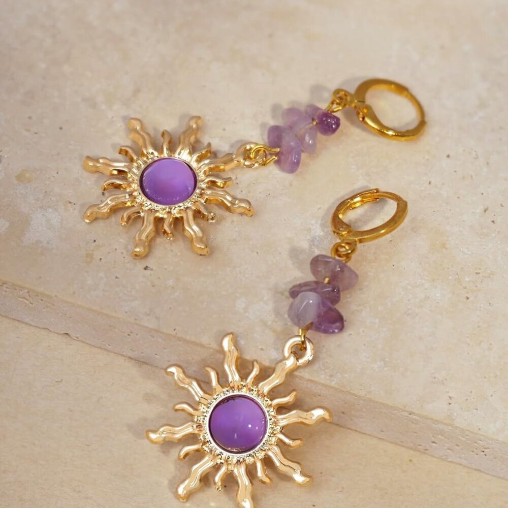 Hippie Boho Sun Crystal Hoop Earrings Summer Jewelry Gift for Women - Picture 4 of 6